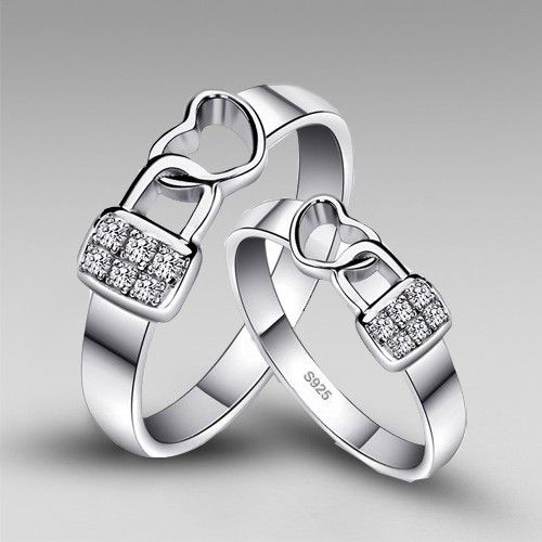 Romantique `` Lock Heart '' En Argent Sterling 925 Avec Anneaux De Couple Plaqués Platine